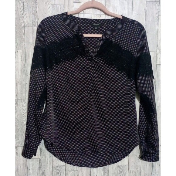 Ann Taylor Top Popover Lace Polka Dot Office Siren Career Black Petite Small - Picture 1 of 5